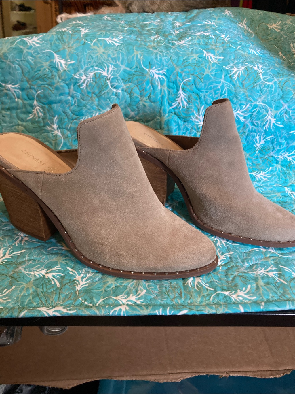 Chinese Laundry Taupe Suede Open-Back Mule Heels